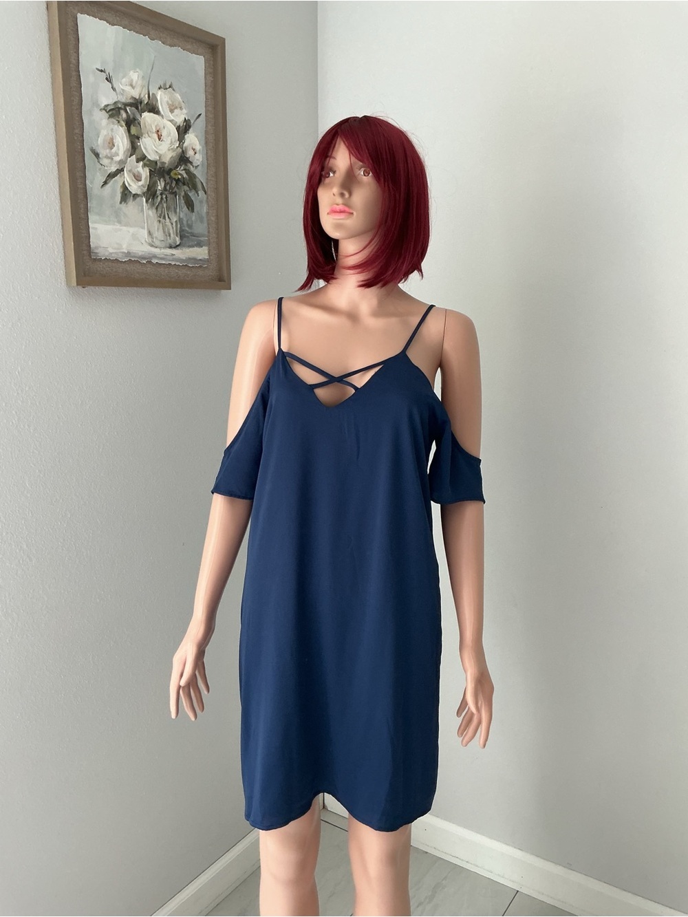 Le Kate Cold-Shoulder Navy Slip Dress with Scrappy V-Neck
